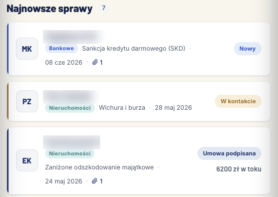 Portal partnera - lista przekazanych spraw ze statusami